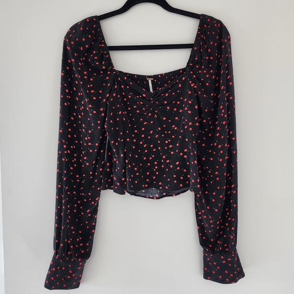 Free People Black Cherry Print Crop Long Sleeve Blouse - Picture 2 of 4